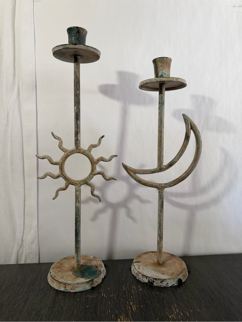 Vintage brass candlesticks distressed gatco vertigris 90s celestial sun moon